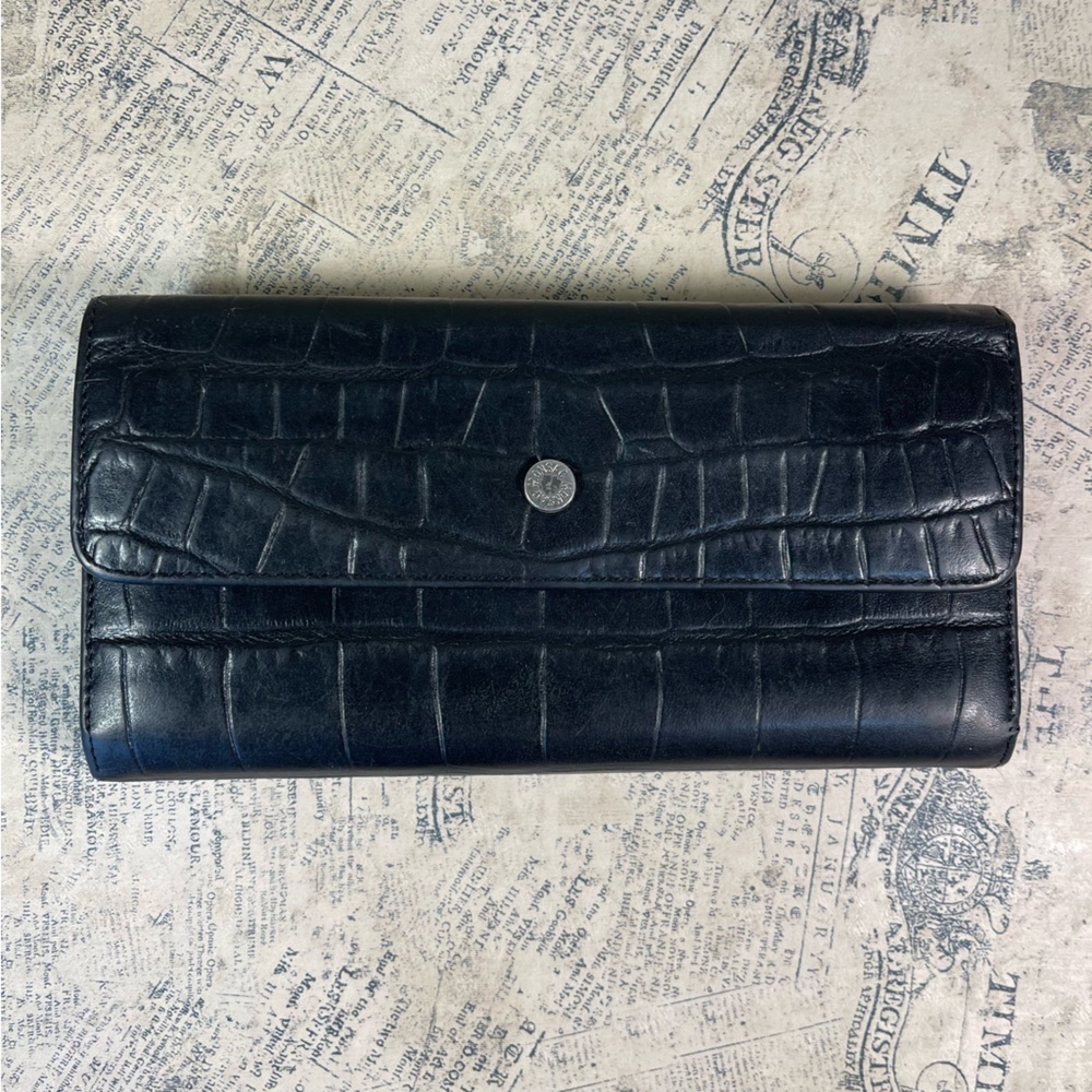 Monsac Black Croc Embossed Leather Trifold Wallet Organizer Zip Pocket